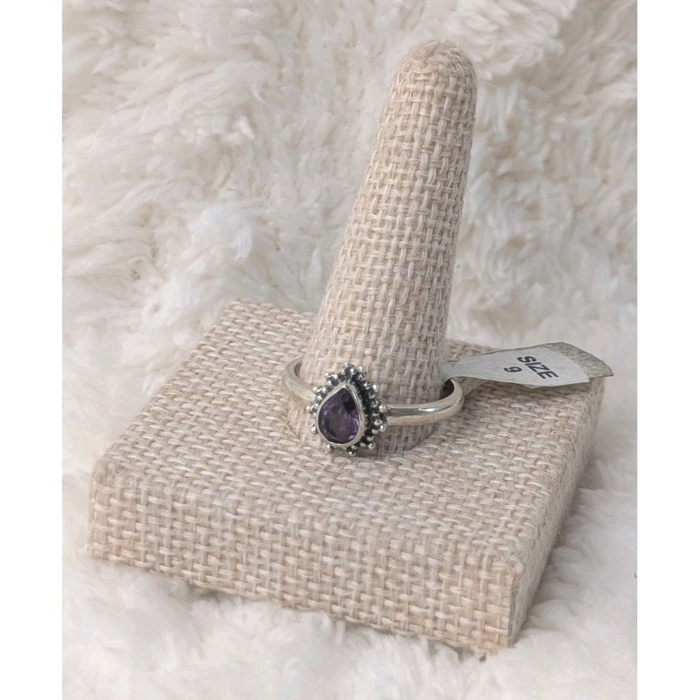 Sterling Silver 925‎ Amethyst Teardrop Ring Size 9 Beaded Halo Statement